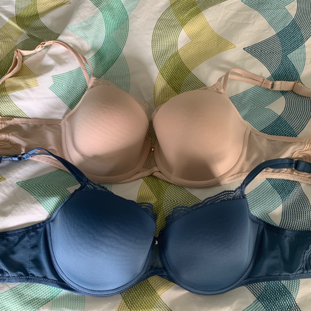 2 (blue and beige) Chantelle 32DDD mold form, lace detail bras